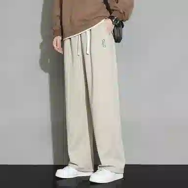 顶峰保罗 直筒百搭阔腿长裤宽松垂感舒适运动冰丝潮牌小熊刺绣侧边条纹高街无性别主义休闲裤 男女同款