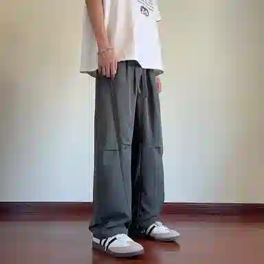 顶峰保罗 凉感冰丝薄款褶皱伞兵直筒长裤子美式薄款速干透气潮牌宽松百搭运动阔腿休闲裤 男女同款