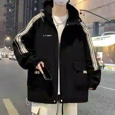 顶峰保罗 美式条纹拼接撞色拉链休闲工装长袖连帽上衣无性别主义直筒宽松加肥加大简约百搭潮牌高街夹克外套 男女同款