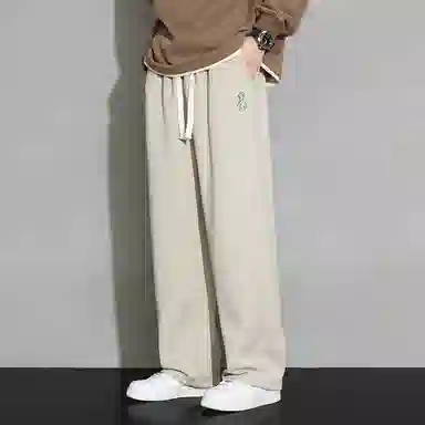 顶峰保罗 直筒百搭阔腿长裤宽松垂感舒适运动冰丝潮牌小熊刺绣侧边条纹高街无性别主义休闲裤 男女同款