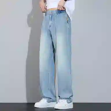 顶峰保罗 莱赛尔凉感透气水洗直筒长裤美式复古高街宽松小众百搭高级感薄款透气阔腿牛仔裤 男女同款