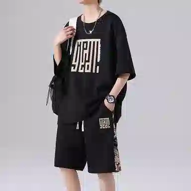 顶峰保罗 新中式印花短袖上衣宽松潮流时尚短裤休闲运动套装 男女同款