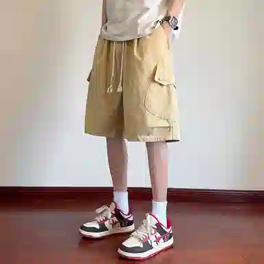 顶峰保罗 美式纯棉机能潮牌宽松百搭简约五分裤薄款透气无性别主义松紧腰直筒运动多口袋工装痞帅休闲短裤 男女同款