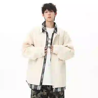 顶峰保罗 美式假两件格纹拼接翻领长袖外套无性别主义休闲复古潮牌宽松大码上衣简约百搭显高显瘦夹克 男女同款