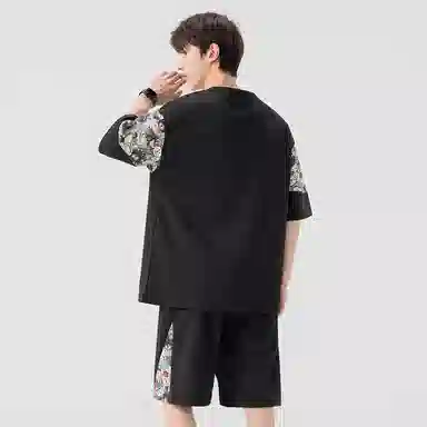 顶峰保罗 冰丝薄款圆领刺绣拼接短袖舒适潮流短裤一整套搭配无性别主义松紧腰弹力凉感透气百搭宽松时尚健身跑步速干休闲运动套装 男女同款