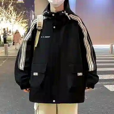 顶峰保罗 美式条纹拼接撞色拉链休闲工装长袖连帽上衣无性别主义直筒宽松加肥加大简约百搭潮牌高街夹克外套 男女同款