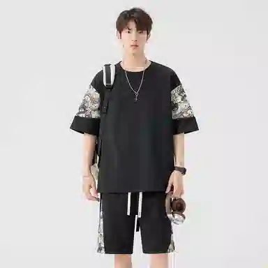 顶峰保罗 冰丝薄款圆领刺绣拼接短袖舒适潮流短裤一整套搭配无性别主义松紧腰弹力凉感透气百搭宽松时尚健身跑步速干休闲运动套装 男女同款