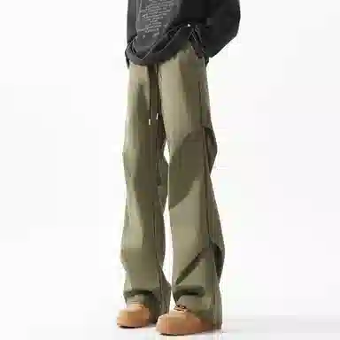 顶峰保罗 美式冰丝褶皱工装直筒无性别主义户外登山骑行运动健身阔腿伞兵解构设计长裤弹力抽绳显高百搭宽松大码高街潮牌休闲裤 男女同款