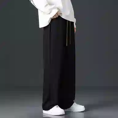 顶峰保罗 直筒阔腿运动宽松垂感潮牌垂感无性别主义显高百搭冰丝弹力抽绳显高大码基础款休闲裤 男女同款