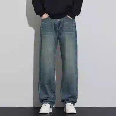 顶峰保罗 美式潮牌直筒阔腿无性别主义休闲复古高街水洗做旧运动长裤弹力显高显瘦宽松大码简约百搭加绒加厚垂感牛仔裤 男女同款