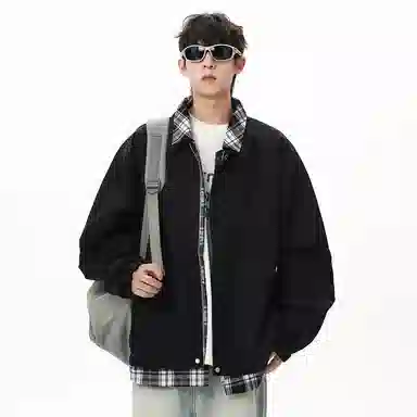 顶峰保罗 美式假两件格纹拼接翻领长袖外套无性别主义休闲复古潮牌宽松大码上衣简约百搭显高显瘦夹克 男女同款