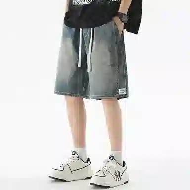 顶峰保罗 无性别主义潮牌宽松水洗做旧中裤美式高街直筒五分裤潮流时尚百搭运动系带高级感牛仔短裤 男女同款