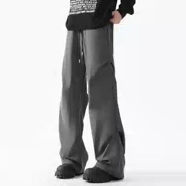 顶峰保罗 美式冰丝褶皱工装直筒无性别主义户外登山骑行运动健身阔腿伞兵解构设计长裤弹力抽绳显高百搭宽松大码高街潮牌休闲裤 男女同款