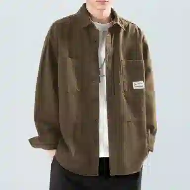 顶峰保罗 美式复古工装长袖衬衫无性别主义宽松百搭翻领开衫单排扣纯棉上衣休闲时尚潮牌夹克 男女同款