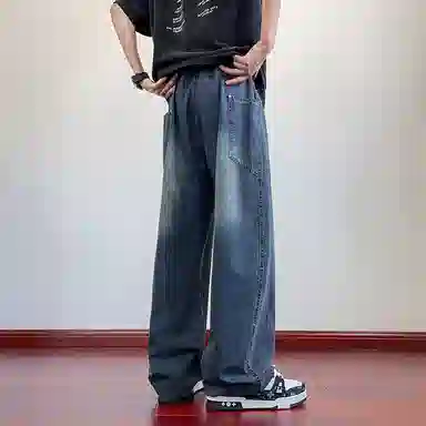 顶峰保罗 撞色抽绳凉感透气美式弯刀直筒长裤复古潮流情侣薄款宽松休闲小众百搭大码阔腿牛仔裤 男女同款