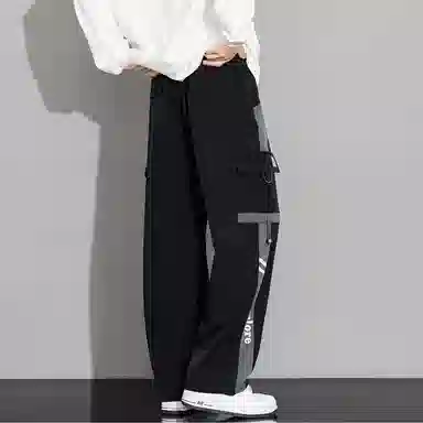 顶峰保罗 美式潮牌条纹拼接工装大口袋伞兵裤无性别主义宽松加肥加大直筒运动长裤简约百搭弹力抽绳显高显瘦高街阔腿垂感休闲裤 男女同款