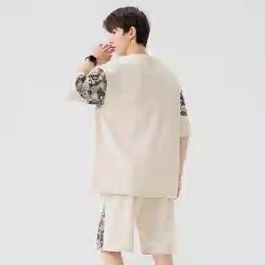 顶峰保罗 冰丝薄款圆领刺绣拼接短袖舒适潮流短裤一整套搭配无性别主义松紧腰弹力凉感透气百搭宽松时尚健身跑步速干休闲运动套装 男女同款