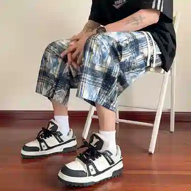 顶峰保罗 扎染格子迷彩七分裤子冰丝薄款运动时尚百搭设计感无性别主义直筒过膝加肥加大码休闲短裤 男女同款