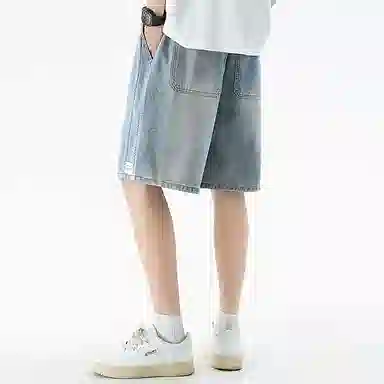 顶峰保罗 无性别主义潮牌宽松水洗做旧中裤美式高街直筒五分裤潮流时尚百搭运动系带高级感牛仔短裤 男女同款