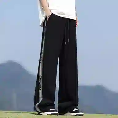 顶峰保罗 美式冰丝侧边条纹薄款潮牌垂感宽松阔腿无性别主义直筒运动长裤百搭弹力抽绳显高垂顺休闲裤 男女同款