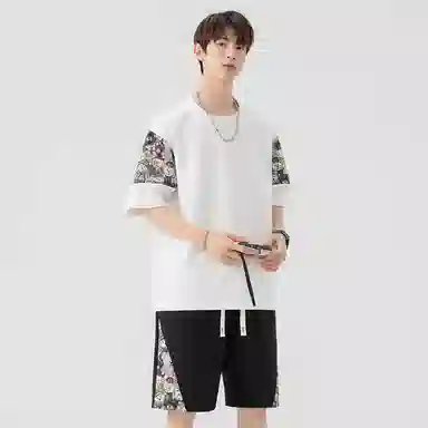 顶峰保罗 冰丝薄款圆领刺绣拼接短袖舒适潮流短裤一整套搭配无性别主义松紧腰弹力凉感透气百搭宽松时尚健身跑步速干休闲运动套装 男女同款