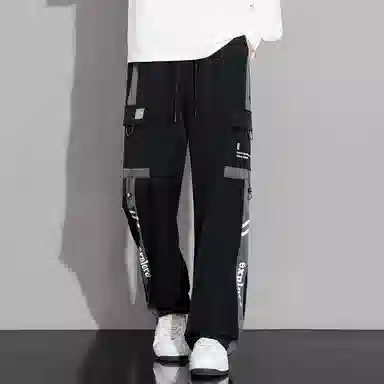 顶峰保罗 美式潮牌条纹拼接工装大口袋伞兵裤无性别主义宽松加肥加大直筒运动长裤简约百搭弹力抽绳显高显瘦高街阔腿垂感休闲裤 男女同款