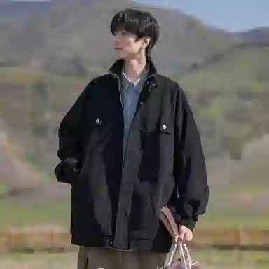 顶峰保罗 美式复古直筒工装无性别主义潮牌痞帅翻领上衣外套休闲百搭简约时尚纯色宽松长袖夹克 男女同款