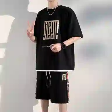 顶峰保罗 新中式国潮冰丝健身篮球圆领短袖短裤一整套无性别主义弹力松紧腰显高宽松加肥加大舒适百搭休闲运动套装 男女同款