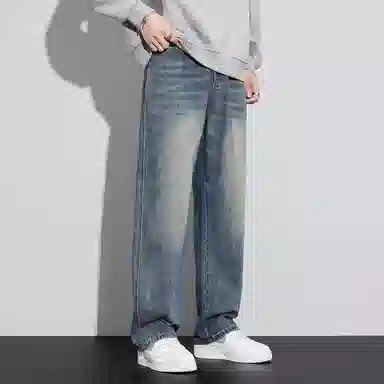 顶峰保罗 美式复古高街水洗做旧星空纹阔腿无性别主义直筒休闲运动潮牌长裤弹力显高显瘦宽松大码简约百搭加绒加厚垂感牛仔裤 男女同款