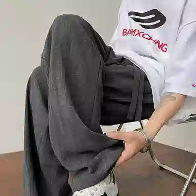 顶峰保罗 美式复古潮牌凉感舒适薄款直筒长裤竖条纹理感宽松小众百搭显瘦拖地阔腿休闲裤 男女同款