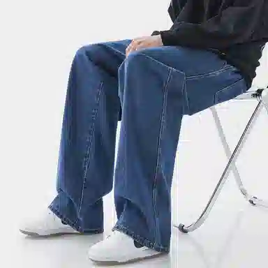 顶峰保罗 美式宽松百搭透气无性别主义弹力透气垂感休闲潮流阔腿拖地牛仔裤 男女同款