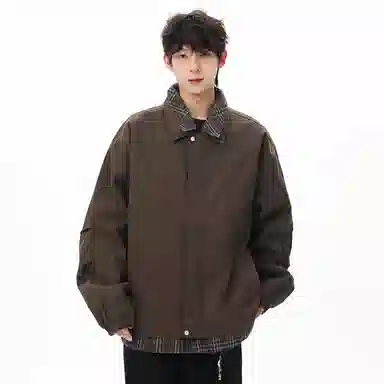 顶峰保罗 美式假两件格纹拼接翻领长袖外套无性别主义休闲复古潮牌宽松大码上衣简约百搭显高显瘦夹克 男女同款