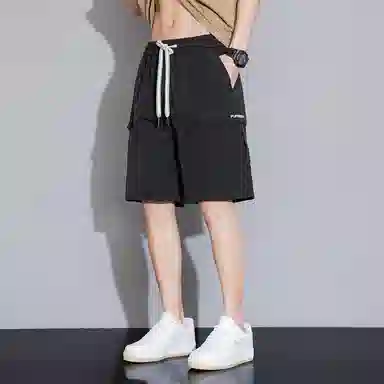 顶峰保罗 美式冰丝休闲百搭五分裤轻薄中裤潮牌痞帅松紧腰速干纯色宽松简约无性别主义直筒透气运动工装短裤 男女同款