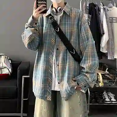 顶峰保罗 美式复古撞色格子宽松休闲衬衣外套春秋穿搭情侣款通勤潮流百搭高级感翻领衬衫 男女同款