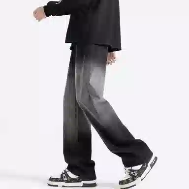 顶峰保罗 美式高街复古渐变宽松直筒休闲长裤无性别主义潮流百搭水洗做旧痞帅牛仔裤 男女同款