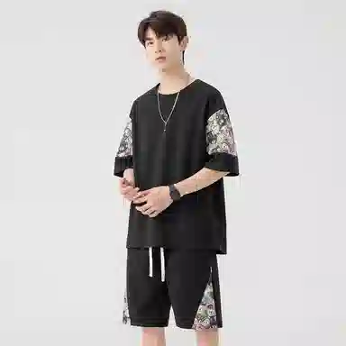 顶峰保罗 冰丝薄款圆领刺绣拼接短袖舒适潮流短裤一整套搭配无性别主义松紧腰弹力凉感透气百搭宽松时尚健身跑步速干休闲运动套装 男女同款