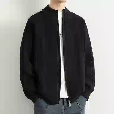 顶峰保罗 日系慵懒风潮牌立领双拉链开衫外套高街百搭无性别主义宽松大码休闲运动纯色上衣显高显瘦轻熟风毛衣 男女同款