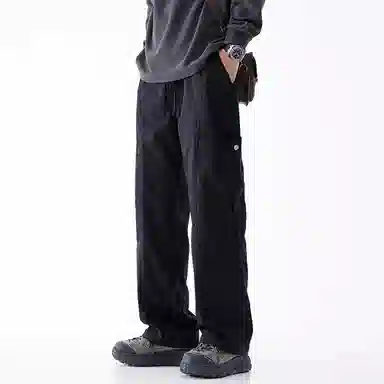 顶峰保罗 美式冰丝潮牌工装裤系带纯色无性别主义宽松中腰直筒百搭弹力显高阔腿垂感长裤休闲裤 男女同款