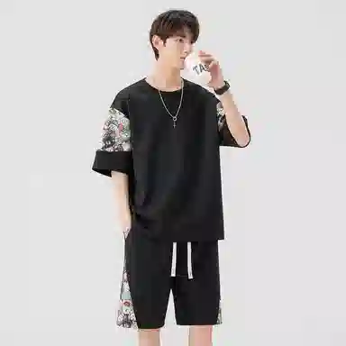 顶峰保罗 冰丝薄款圆领刺绣拼接短袖舒适潮流短裤一整套搭配无性别主义松紧腰弹力凉感透气百搭宽松时尚健身跑步速干休闲运动套装 男女同款