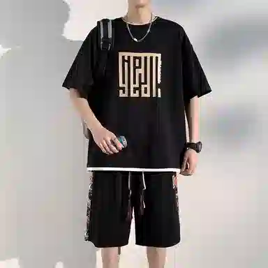 顶峰保罗 新中式国潮冰丝健身篮球圆领短袖短裤一整套无性别主义弹力松紧腰显高宽松加肥加大舒适百搭休闲运动套装 男女同款