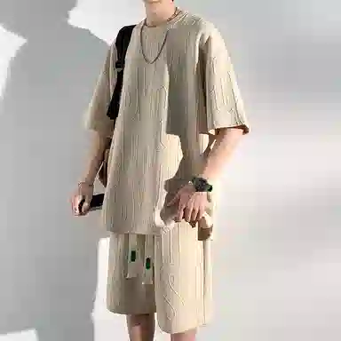 顶峰保罗 简约小众设计感冰丝薄款舒适无性别主义圆领短袖上衣美式潮牌宽松短裤休闲运动套装 男女同款