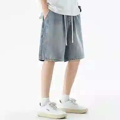 顶峰保罗 无性别主义潮牌宽松水洗做旧中裤美式高街直筒五分裤潮流时尚百搭运动系带高级感牛仔短裤 男女同款