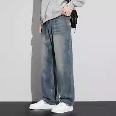 顶峰保罗 美式复古高街水洗做旧星空纹阔腿无性别主义直筒休闲运动潮牌长裤弹力显高显瘦宽松大码简约百搭加绒加厚垂感牛仔裤 男女同款