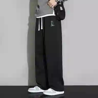 顶峰保罗 直筒百搭阔腿长裤宽松垂感舒适运动冰丝潮牌小熊刺绣侧边条纹高街无性别主义休闲裤 男女同款