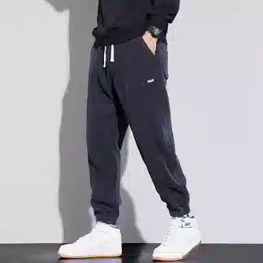 顶峰保罗 美式重磅加绒加厚潮牌弹力抽绳显高显瘦束脚哈伦卫裤无性别主义宽松大码运动长裤简约百搭高街休闲裤 男女同款