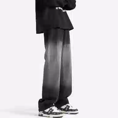 顶峰保罗 美式高街复古渐变宽松直筒休闲长裤无性别主义潮流百搭水洗做旧痞帅牛仔裤 男女同款