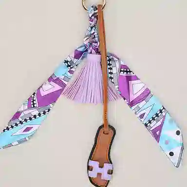 玄唐 欧美流行流苏皮革小拖鞋时尚包包挂饰韩国丝巾钥匙扣书包 丝绸 挂件 男女同款情侣款