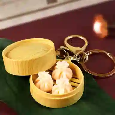 玄唐 广式早茶蒸笼小包子灌汤包猪仔包蜜汁叉烧包仿真食玩钥匙扣吃货老吃家包包 树脂 挂件 男女同款情侣款
