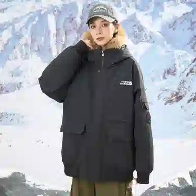 帕丁顿熊 纯色毛领派克连帽宽松外套简约小熊贴标休闲防风防寒保暖加厚羽绒服 男女同款