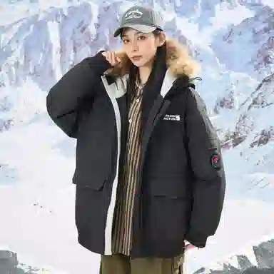 帕丁顿熊 纯色毛领派克连帽宽松外套简约小熊贴标休闲防风防寒保暖加厚羽绒服 男女同款